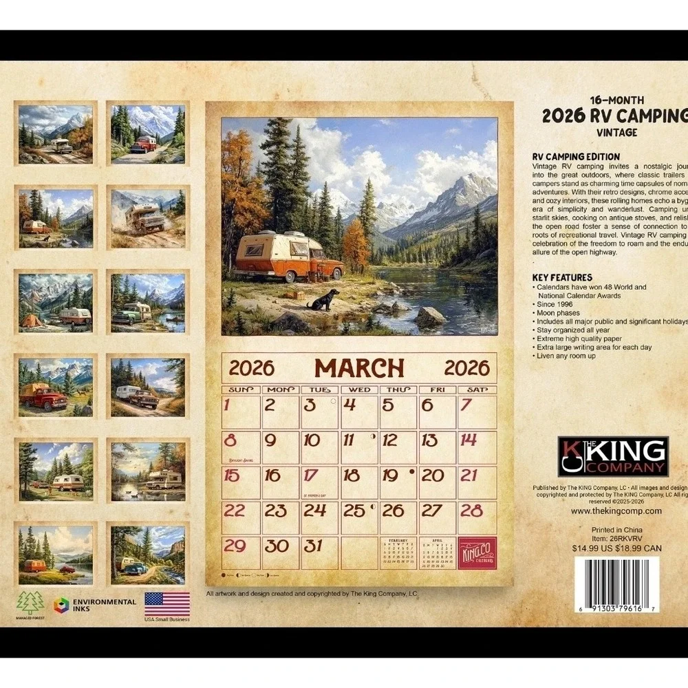 The King Company 2026 RV Camping Wall Calendar 14x22 New Vintage Retro Aesthetic